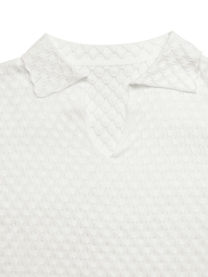 Textured V Neck Knit Top Short Sleeve Casual Sweater