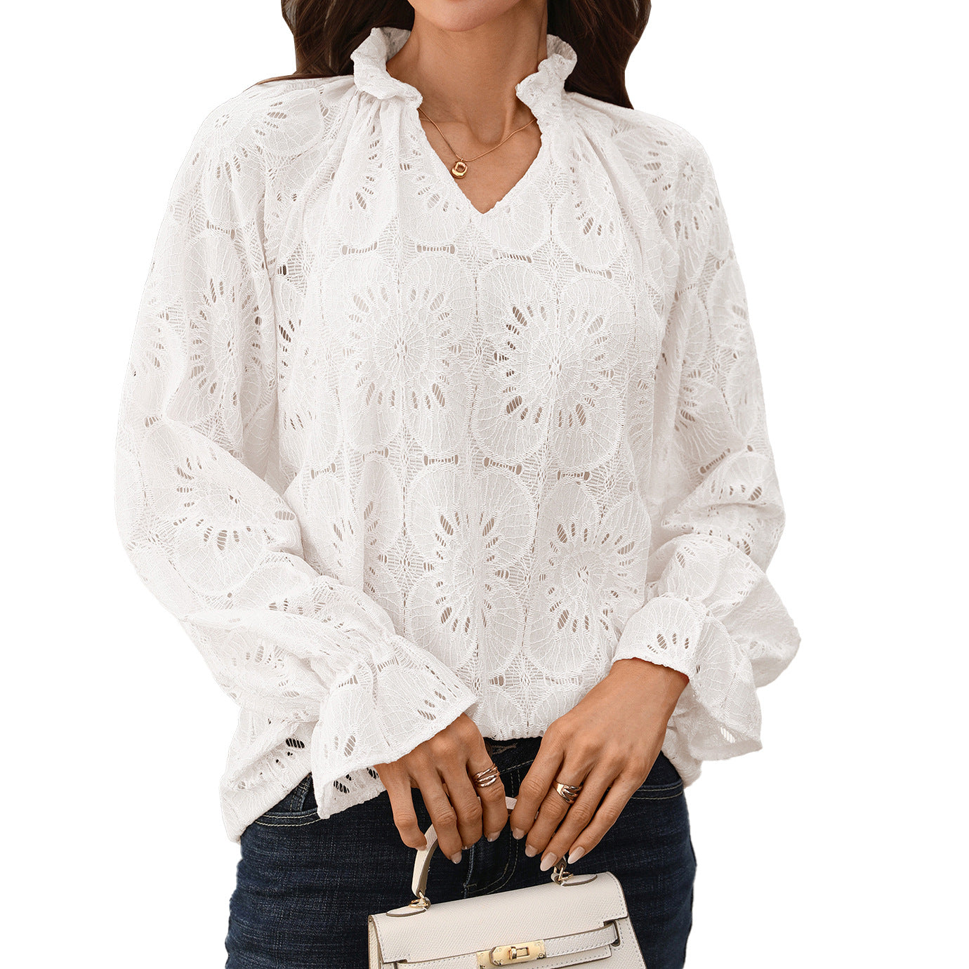 Eyelet Lace Blouse V Neck Puff Sleeve Top