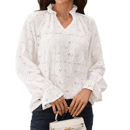Eyelet Lace Blouse V Neck Puff Sleeve Top