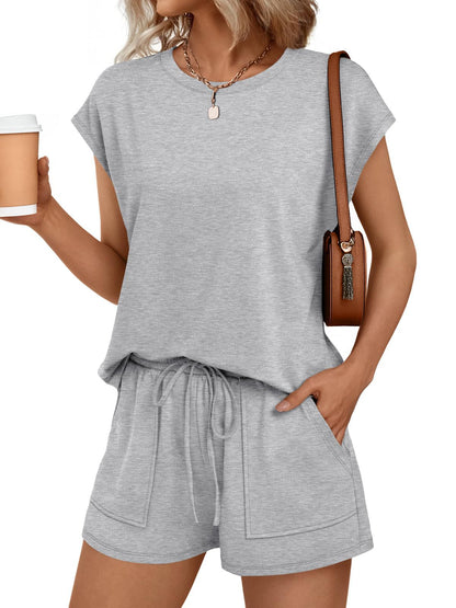 Solid Knit Shorts Set Crew Neck Pocket Lounge Outfit