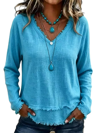 Women's Oversized V Neck Frayed Hem Long Sleeve Top