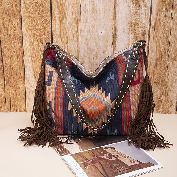 Boho Woven Canvas Tassel Shoulder Bag for Women