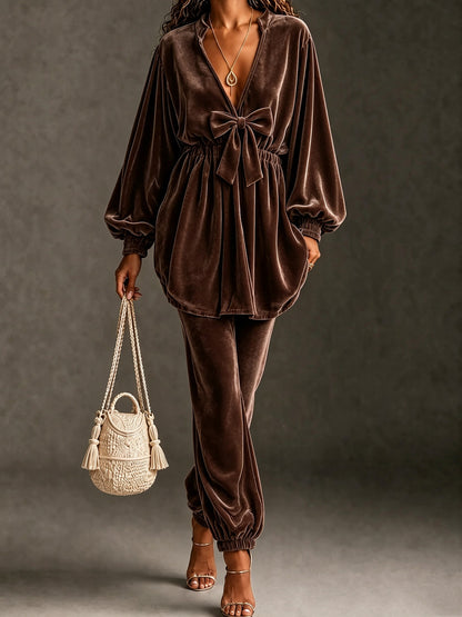 Velvet Bow Front Balloon Sleeve Jogger Set