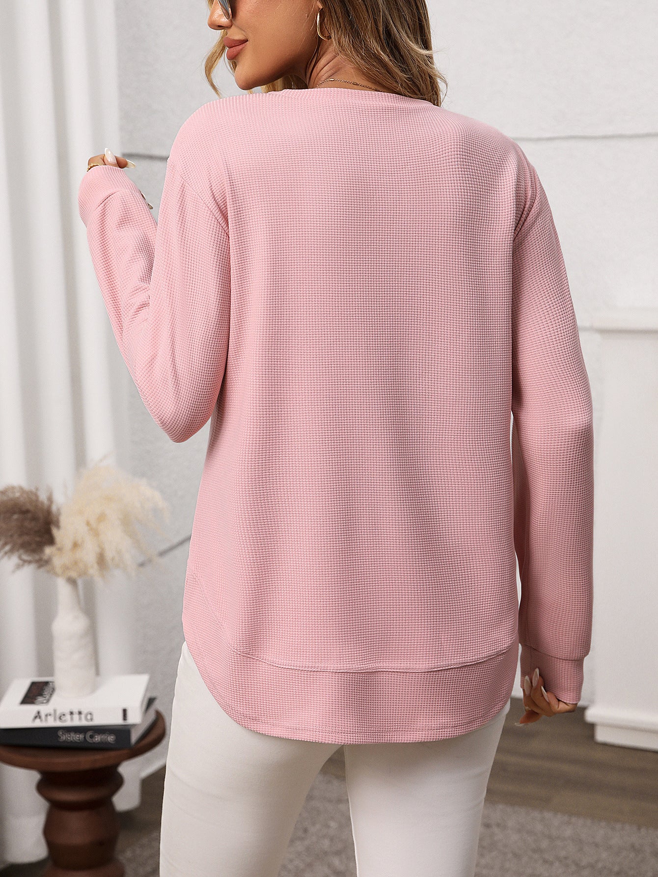 Solid waffle knit tunic top layered curved hem