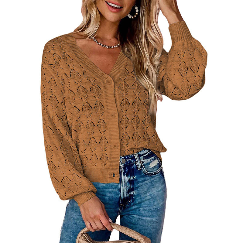 Women's V-Neck Button Front Crochet Knit Cardigan Sweater