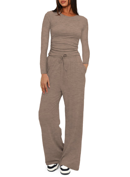 Women's 2 Piece Lounge Set Long Sleeve Top Wide Leg Pants