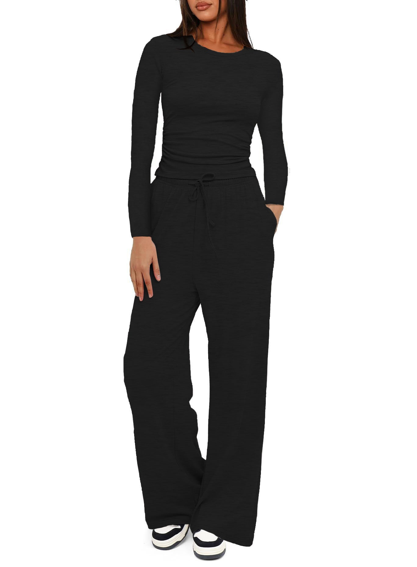 Women's 2 Piece Lounge Set Long Sleeve Top Wide Leg Pants