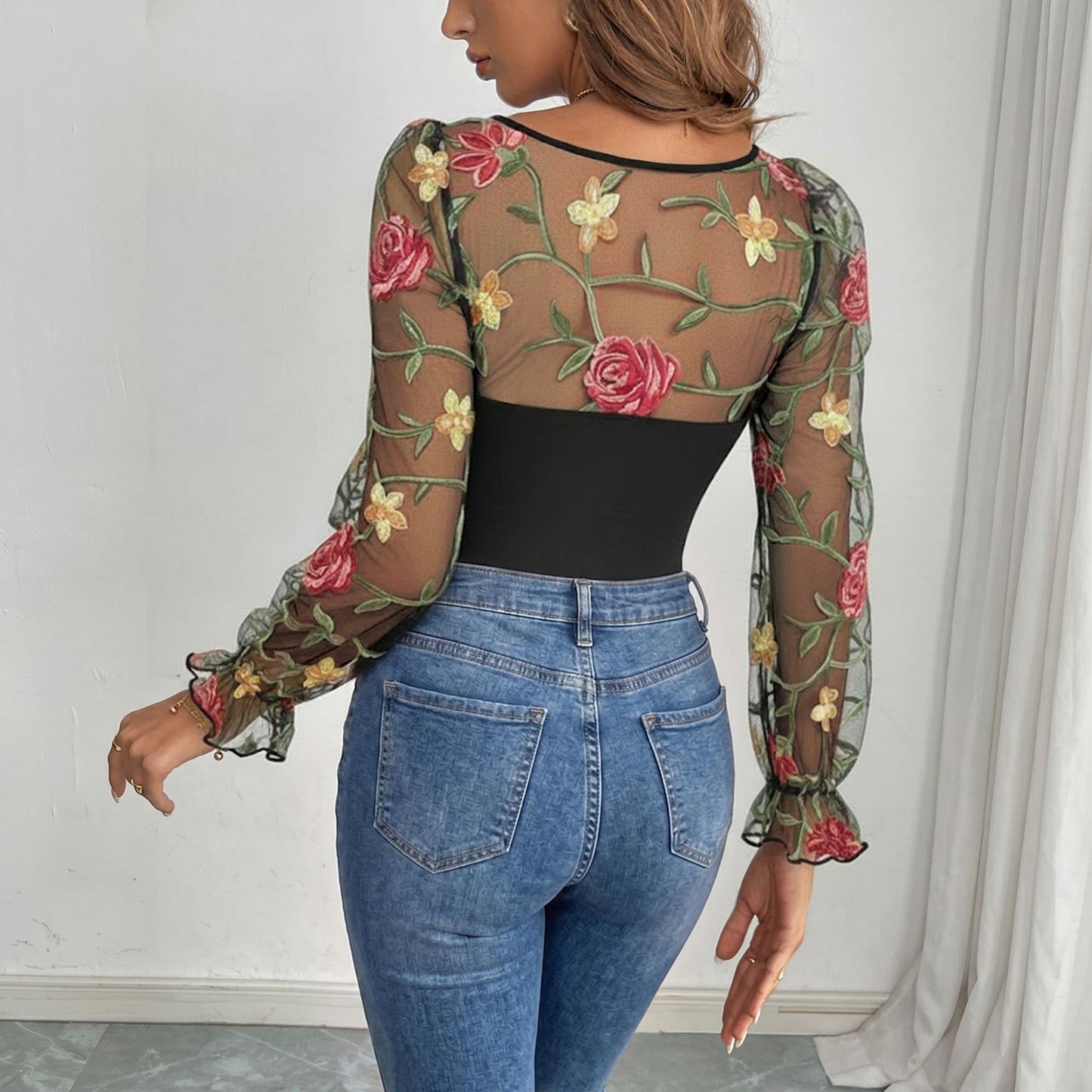 Floral Embroidered Mesh Bodysuit Sheer Sleeve Top