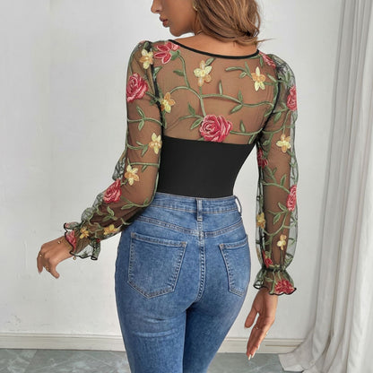 Floral Embroidered Mesh Bodysuit Sheer Sleeve Top