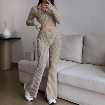 Women's Ribbed Zip-Up Crop Top Flare Pants Two Piece Set