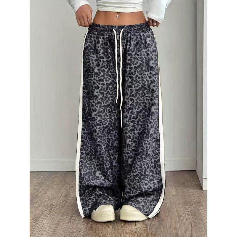 Women Leopard Print Baggy Wide Leg Side Stripe Pants