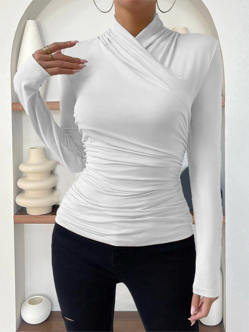 Cross Neck Ruched Long Sleeve Fitted Top