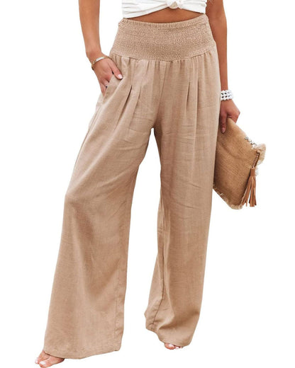 Women's Smocked High Waist Wide Leg Cotton Pants Pockets
