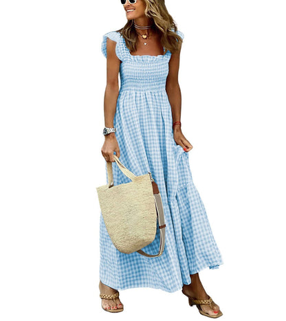 Gingham Smocked Maxi Dress Square Neck Ruffle Sleeve