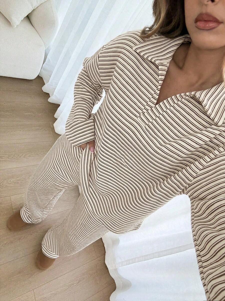 Striped Lounge Set Women Collared Pullover Wide Leg Pants