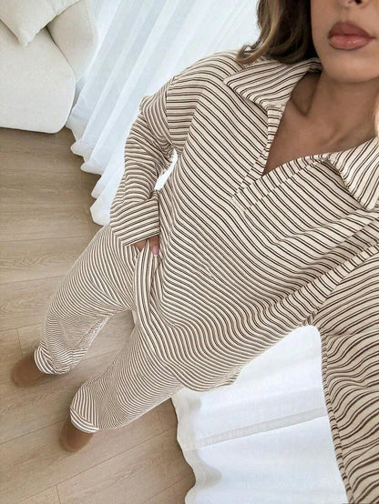 Striped Lounge Set Women Collared Pullover Wide Leg Pants