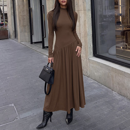 Solid Mock Neck Asymmetric Pleated Knit Maxi Dress