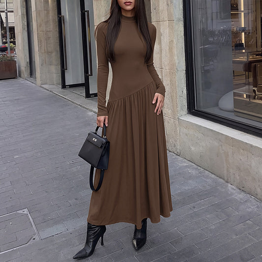 Solid Mock Neck Asymmetric Pleated Knit Maxi Dress
