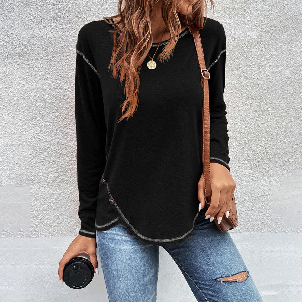 Women's Side Button Long Sleeve Curved Hem Tunic Top