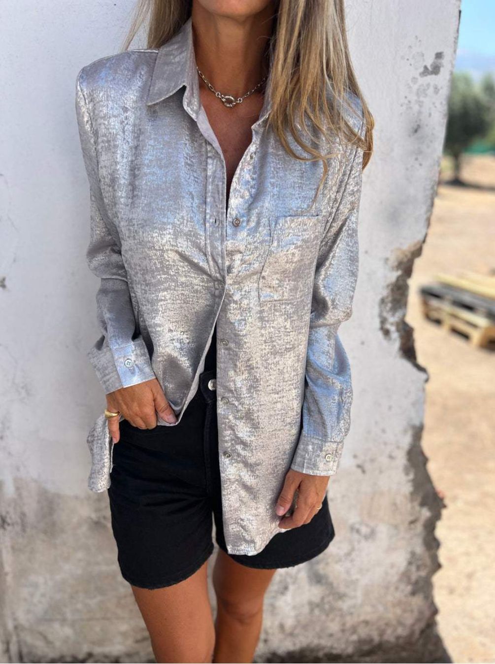 Women's Metallic Suede Button Down Shirt Long Sleeve Tunic
