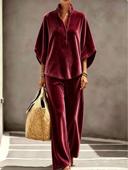 Women's Velvet Two Piece Set Oversized Wide Leg Pants