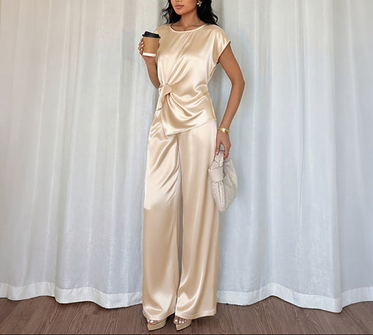 Satin Two Piece Set Twist Front Top Wide Leg Pants