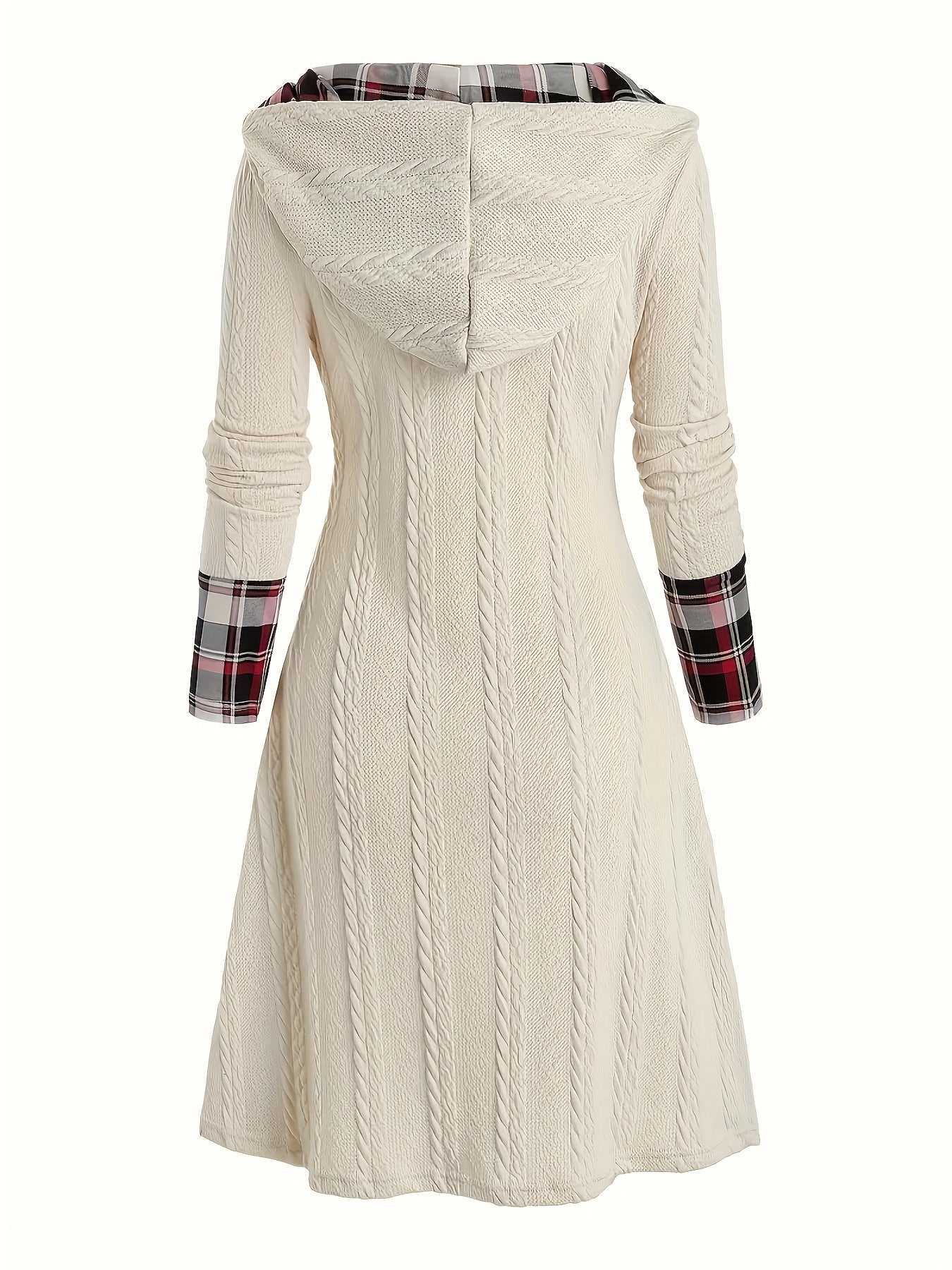 Hooded Cable Knit Sweater Dress Plaid Contrast Midi