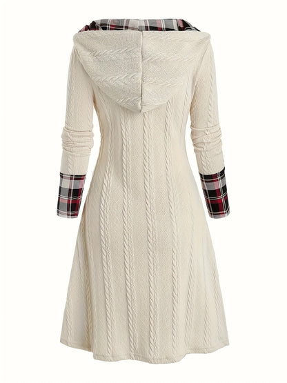 Hooded Cable Knit Sweater Dress Plaid Contrast Midi