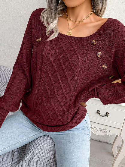 2025 Fall Winter Casual Square Neck Button Detail Cable Knit Sweater