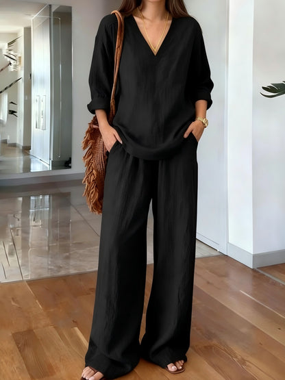 Women's V Neck Lounge Set Wide Leg Pants 2 Piece