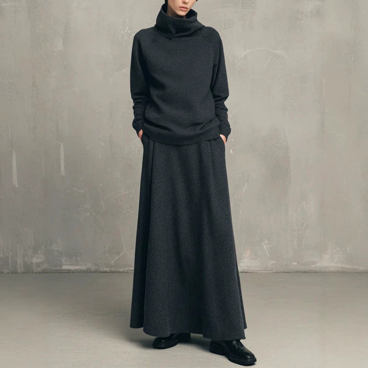 Womens Fleece Turtleneck Sweatshirt Maxi Skirt Set
