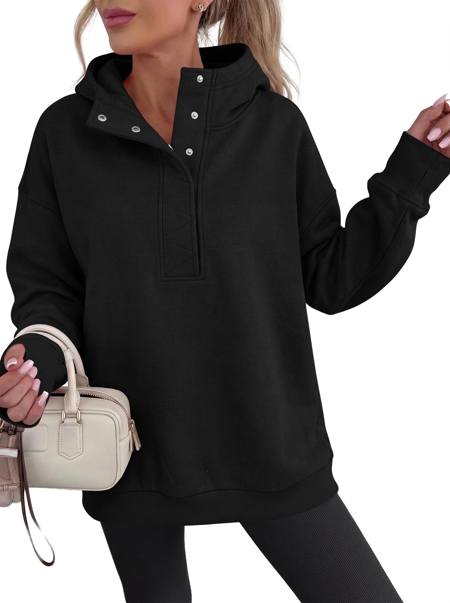Snap Button Oversized Pullover Hoodie Sweatshirt