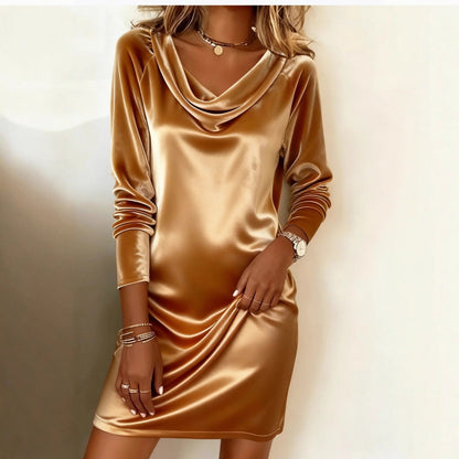 Elegant Satin Cowl Neck Long Sleeve Midi Dress