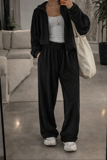 Womens Velvet Zip Up Hoodie Sweatpants 2 Piece Set