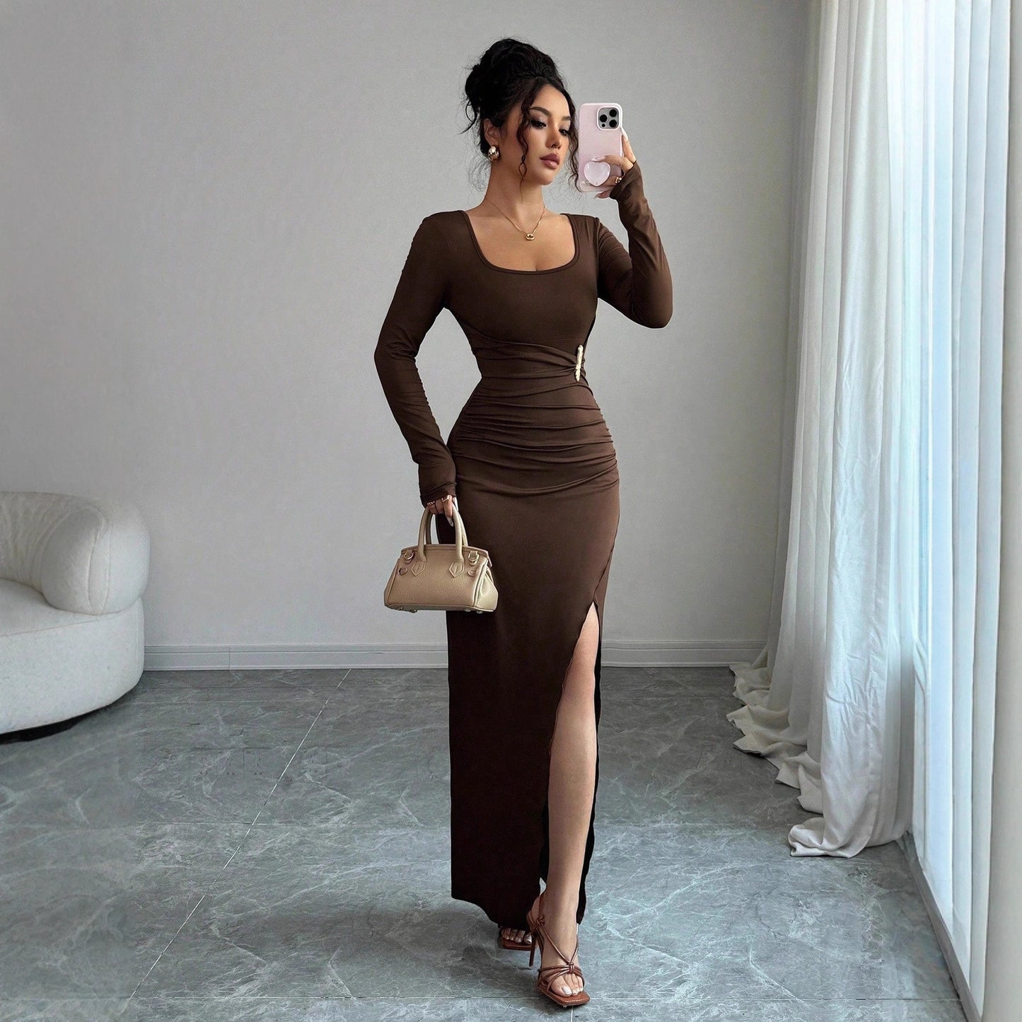 Square Neck Ruched Bodycon Maxi Dress with Side Slit