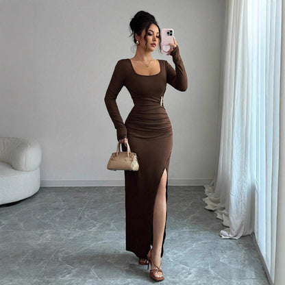 Square Neck Ruched Bodycon Maxi Dress with Side Slit