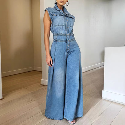 Women's Sleeveless Denim Jumpsuit Wide Leg Cargo