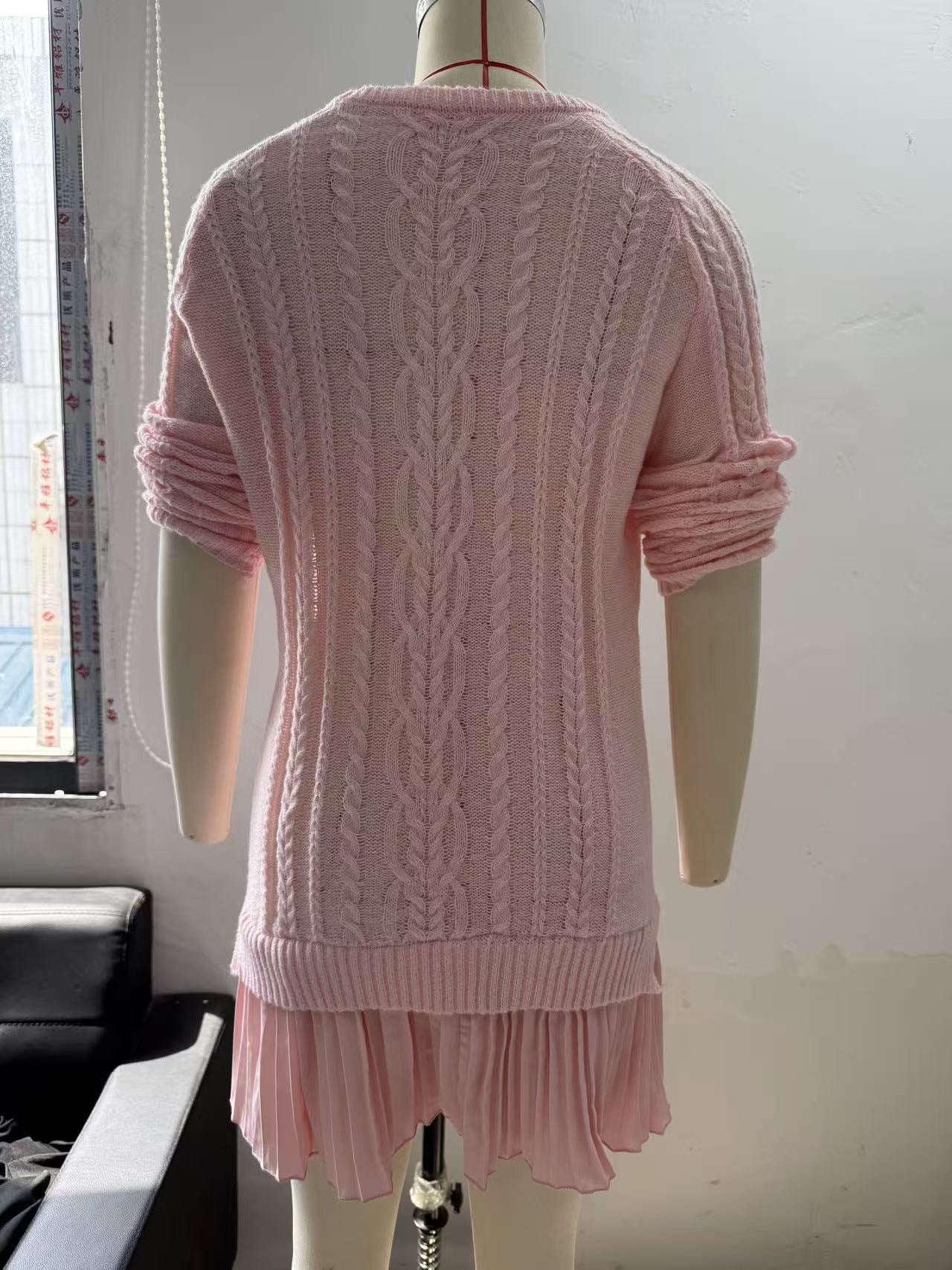 Cable Knit Sweater Dress Long Sleeve Pleated Hem