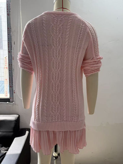 Cable Knit Sweater Dress Long Sleeve Pleated Hem