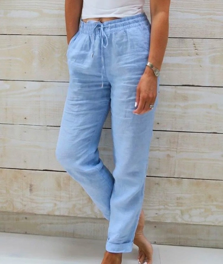 Women's Cotton Linen Drawstring Wide Leg Casual Pants