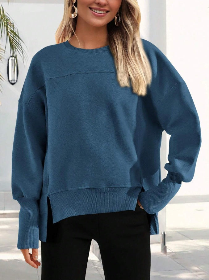 Colorblock Side Slit Sweatshirt Women Casual Pullover Top