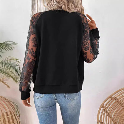 Lace Panel Baseball Collar Long Sleeve Jacket for Women