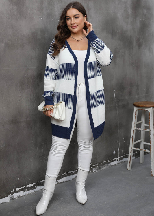 Women's contrasting striped splicing long-sleeved women's casual cardigan jacket