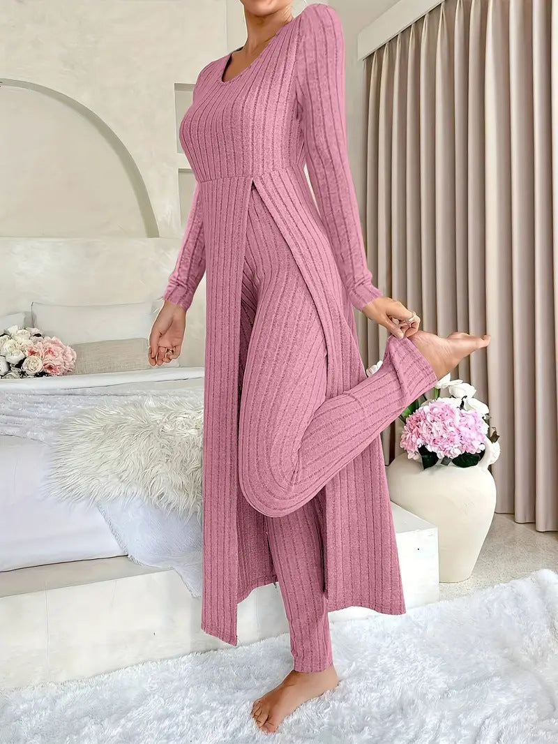 Ribbed Knit Side Slit Long Sleeve Pants Two Piece Set