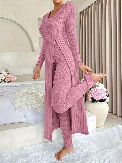 Ribbed Knit Side Slit Long Sleeve Pants Two Piece Set