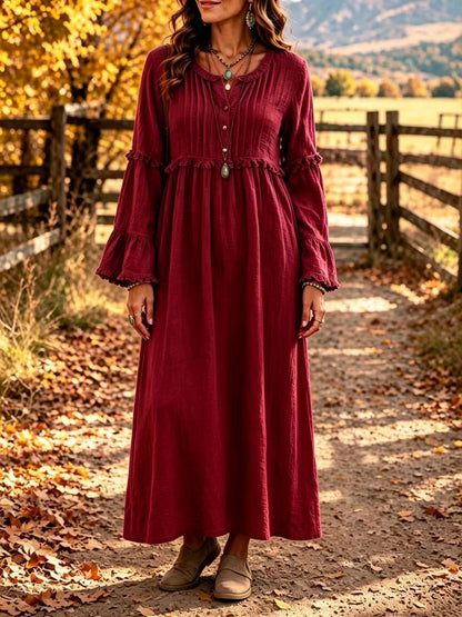 Women's Ruffle Maxi Dress V Neck Button Long Sleeve Boho