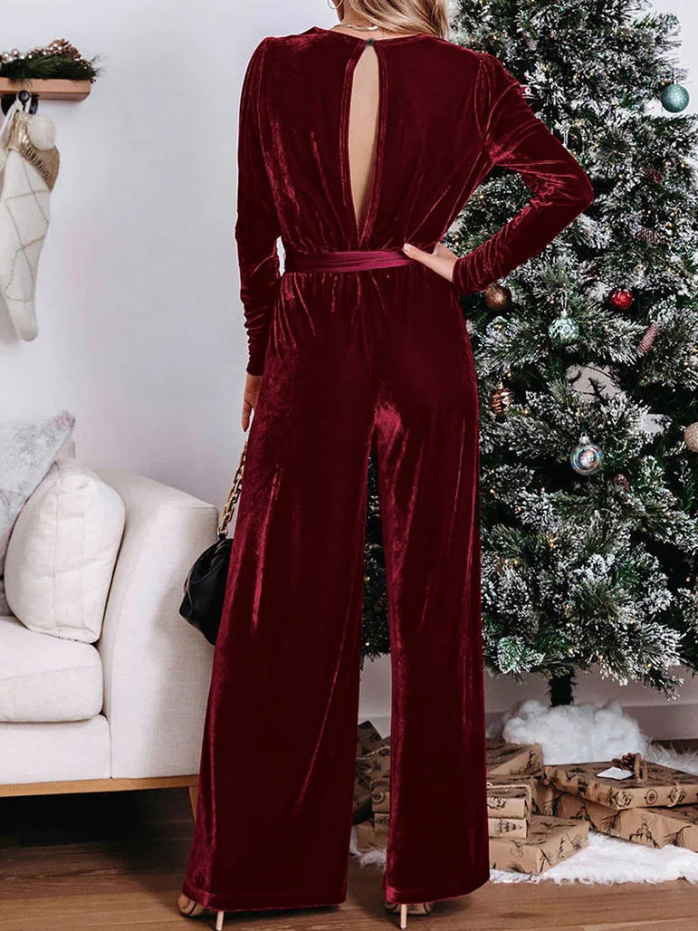 Women's Belted High Waist Wide Leg Long Sleeve Jumpsuit