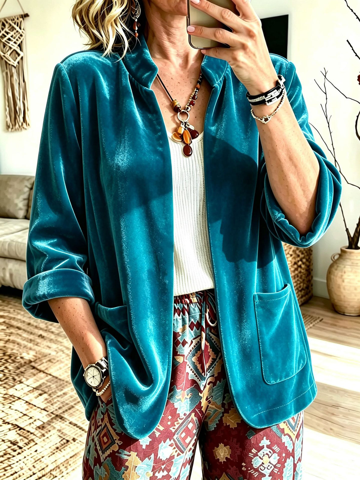 Women's Velvet Blazer Open Front Long Sleeve Pockets