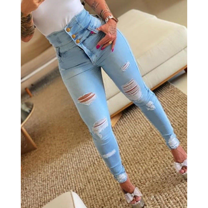 Women's High Waisted Ripped Skinny Stretch Denim Jeans