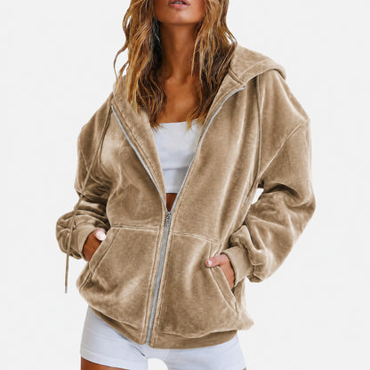 Velvet Zip Up Hoodie Relaxed Fit Hooded Jacket